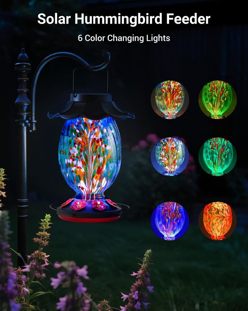 HouseSapp Solar Hummingbird Feeder - 49 fl.oz Hand Blown Glass Color Changing - 7 Feeding Ports with Perch - Never Leak - Perfect Hummingbird Feeder for Outdoors Hanging (Blue) - Image 2